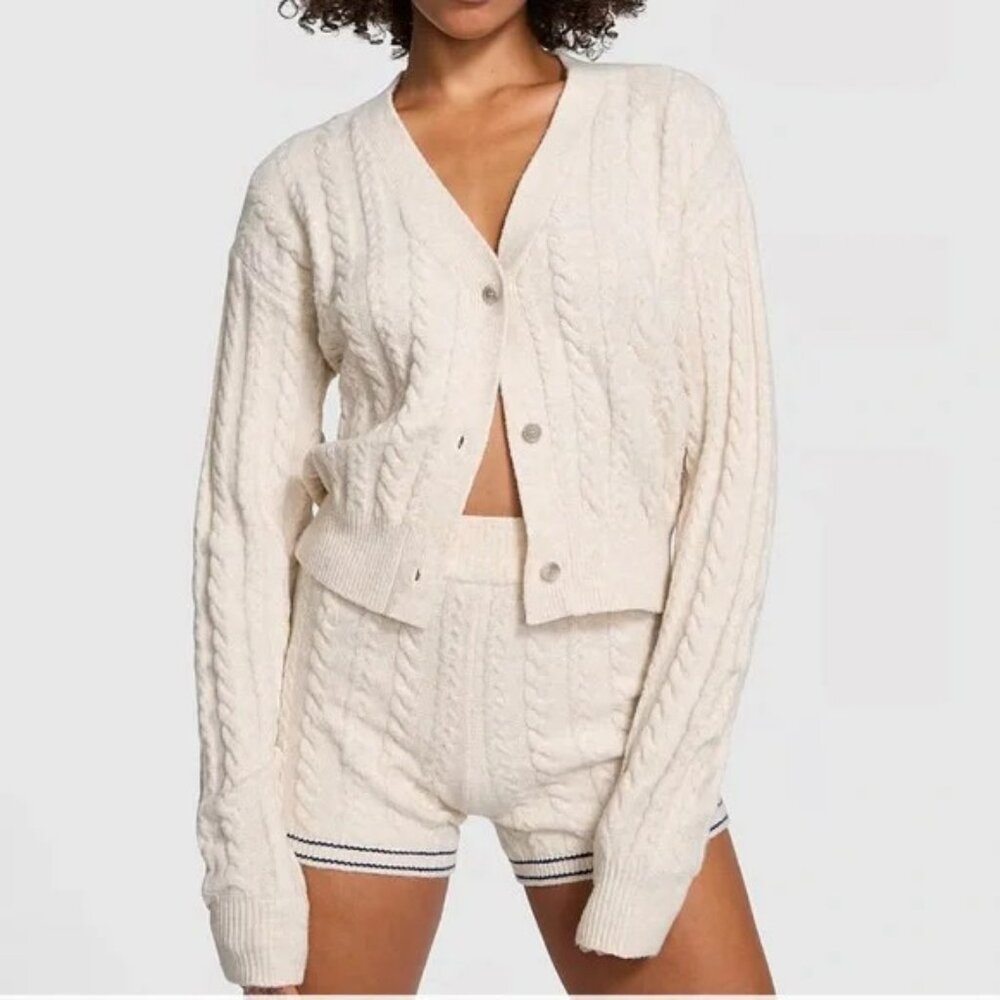 Victoria Secret PINK Collegiate Cable Knit Sweater Beige Off White cardigan SM